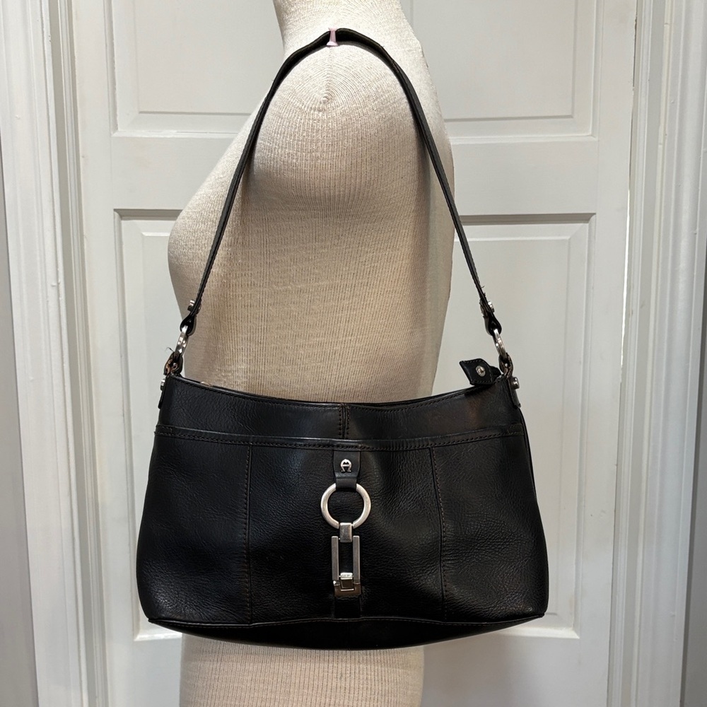 Etienne Aigner black leather shoulder bag with silver accents